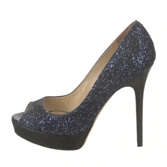 EUC Jimmy Choo Navy Glitter Luna Peep Toe Platform Stilettos Sz. 38.5 / US 8 - Picture 2 of 6